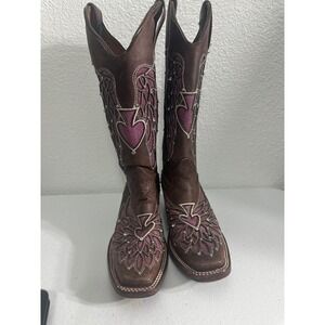 Sergal Brown Leather Square Toe Western Cowboy Boots Women's Size 6 Embellished